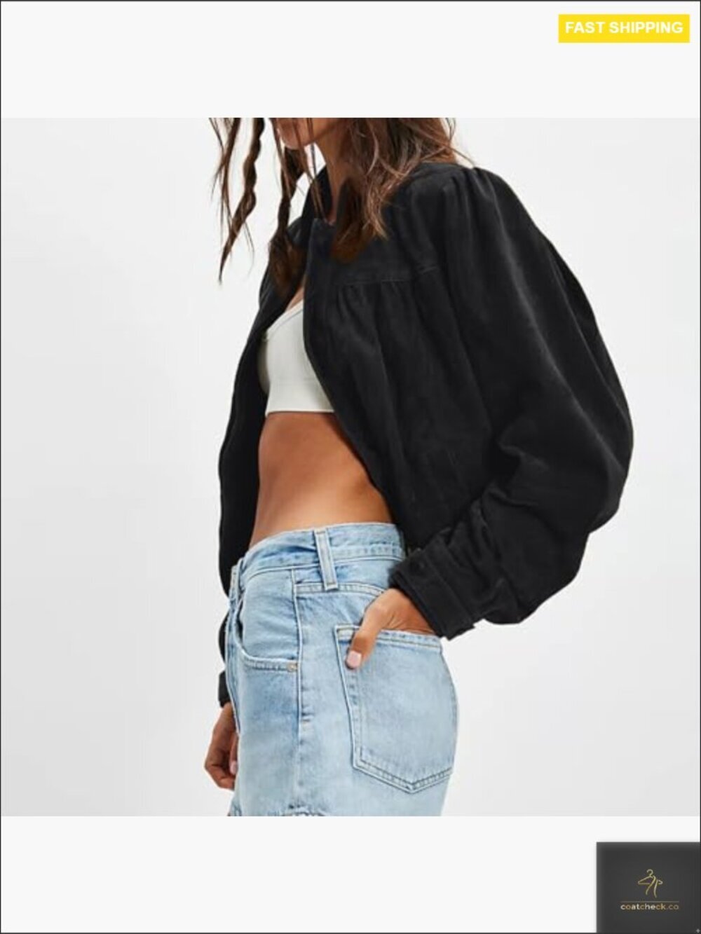 Faux Suede Oversized Cropped Jacket with Puffed Sleeves and Stand Collar - Picture 3 of 7